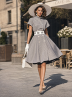 Vintage Stand Collar Gingham Short Sleeve A-Line Midi Dress
