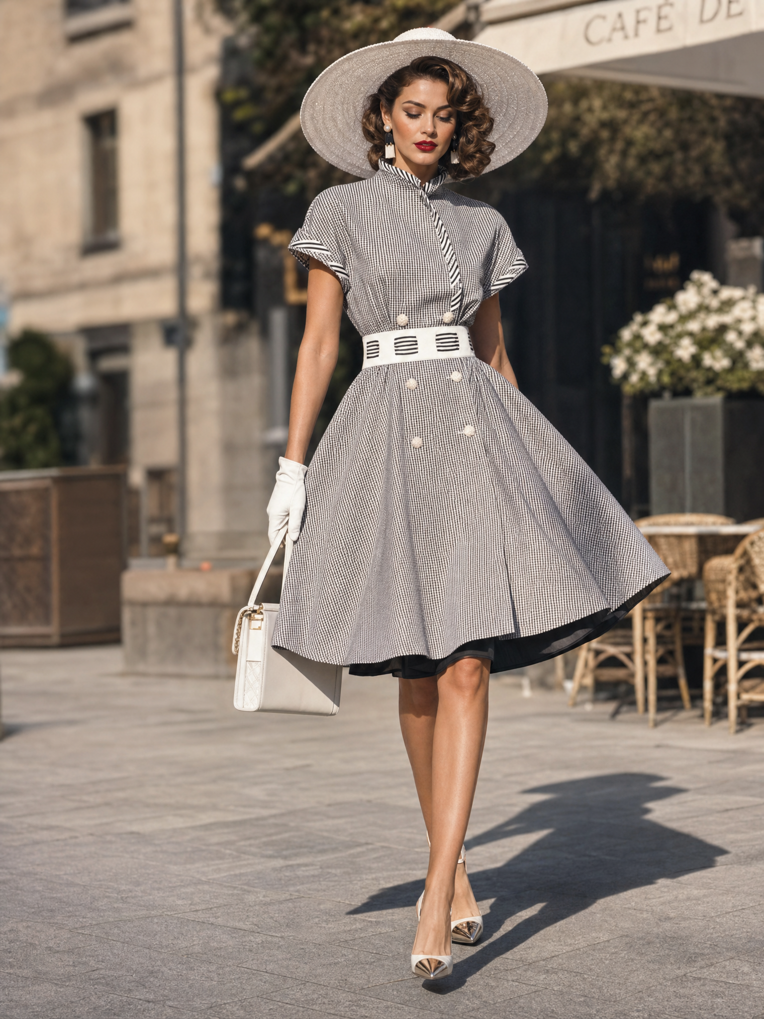 Vintage Stand Collar Gingham Short Sleeve A-Line Midi Dress