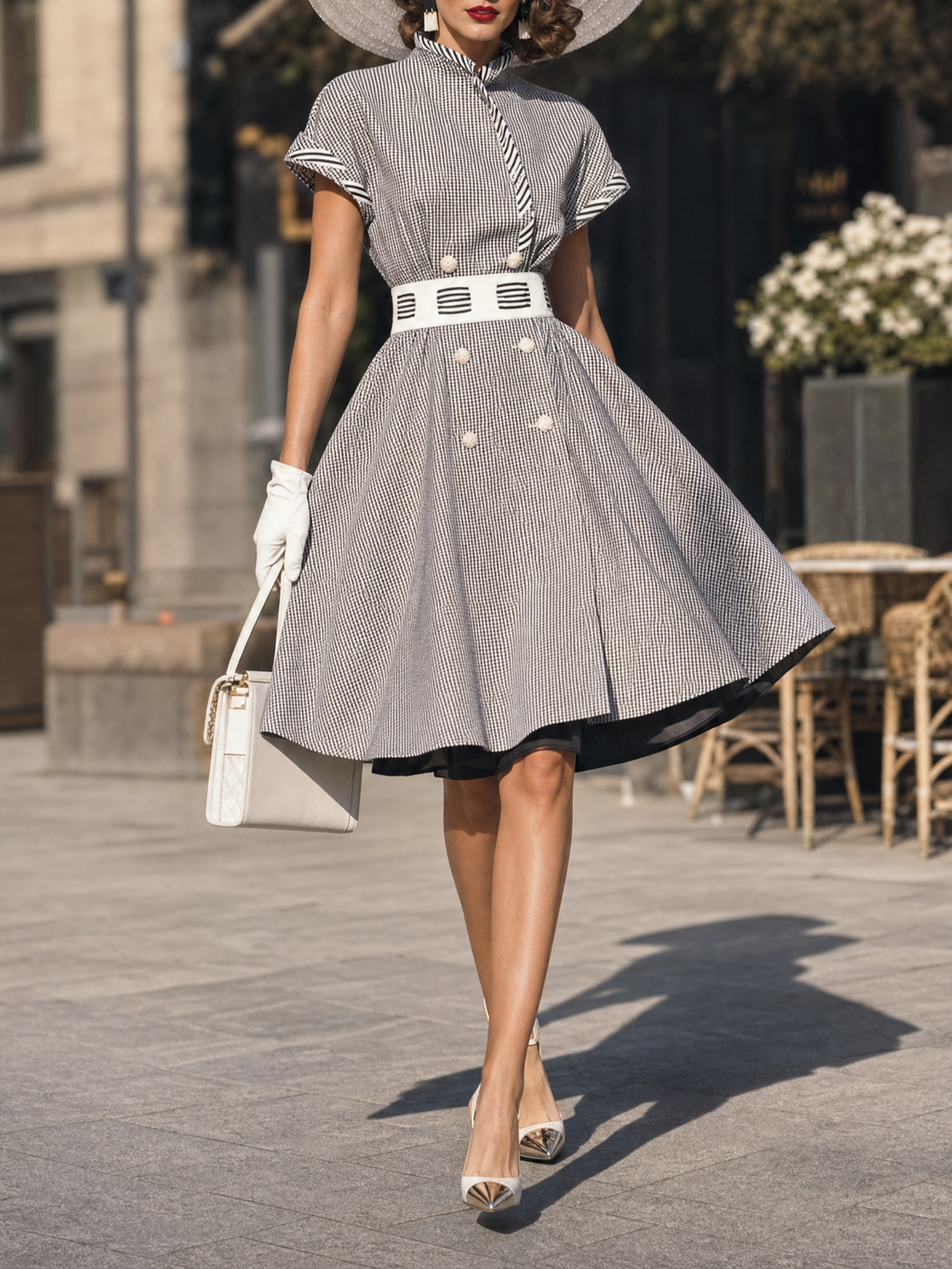 Vintage Stand Collar Gingham Short Sleeve A-Line Midi Dress