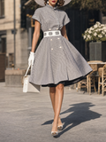 Vintage Stand Collar Gingham Short Sleeve A-Line Midi Dress