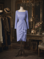 Vintage Loose Square Neck Long Sleeve Waist Tie Ruched Midi Dress