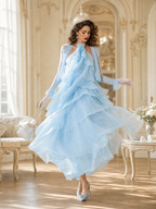 Vintage Floral Halter Multi-Layer Ruffled Chiffon Flowy Maxi Dress