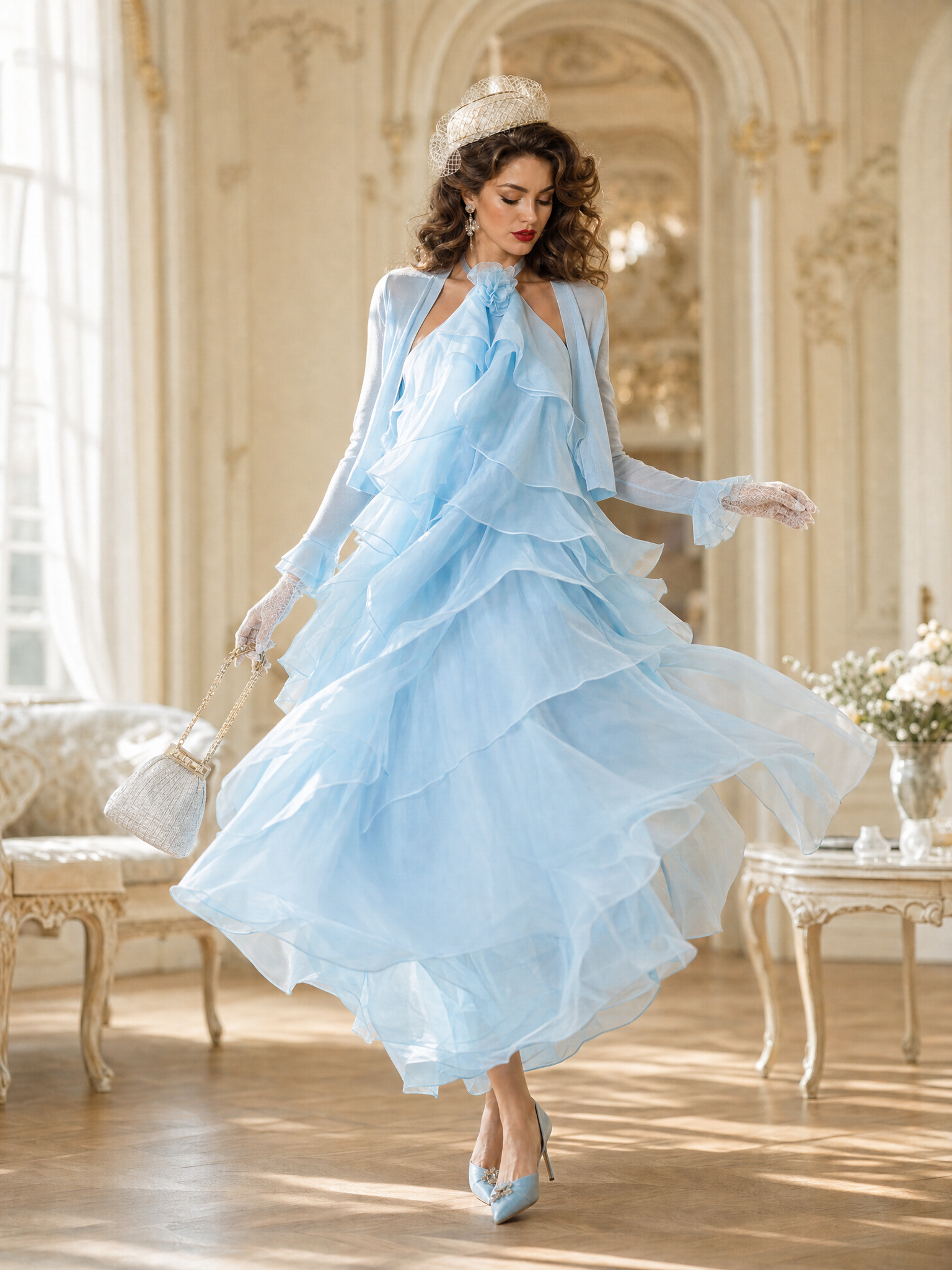Vintage Floral Halter Multi-Layer Ruffled Chiffon Flowy Maxi Dress