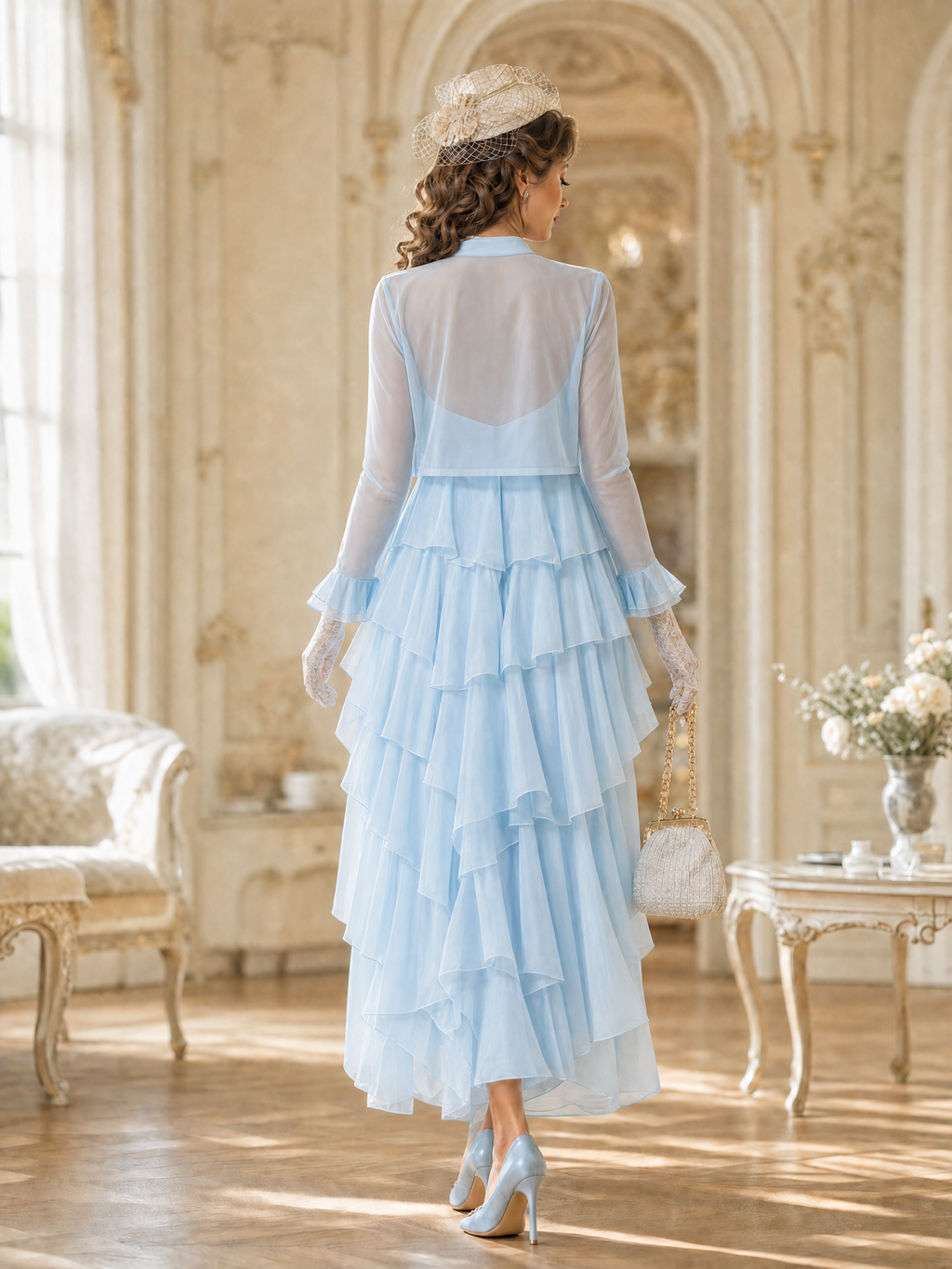 Vintage Floral Halter Multi-Layer Ruffled Chiffon Flowy Maxi Dress