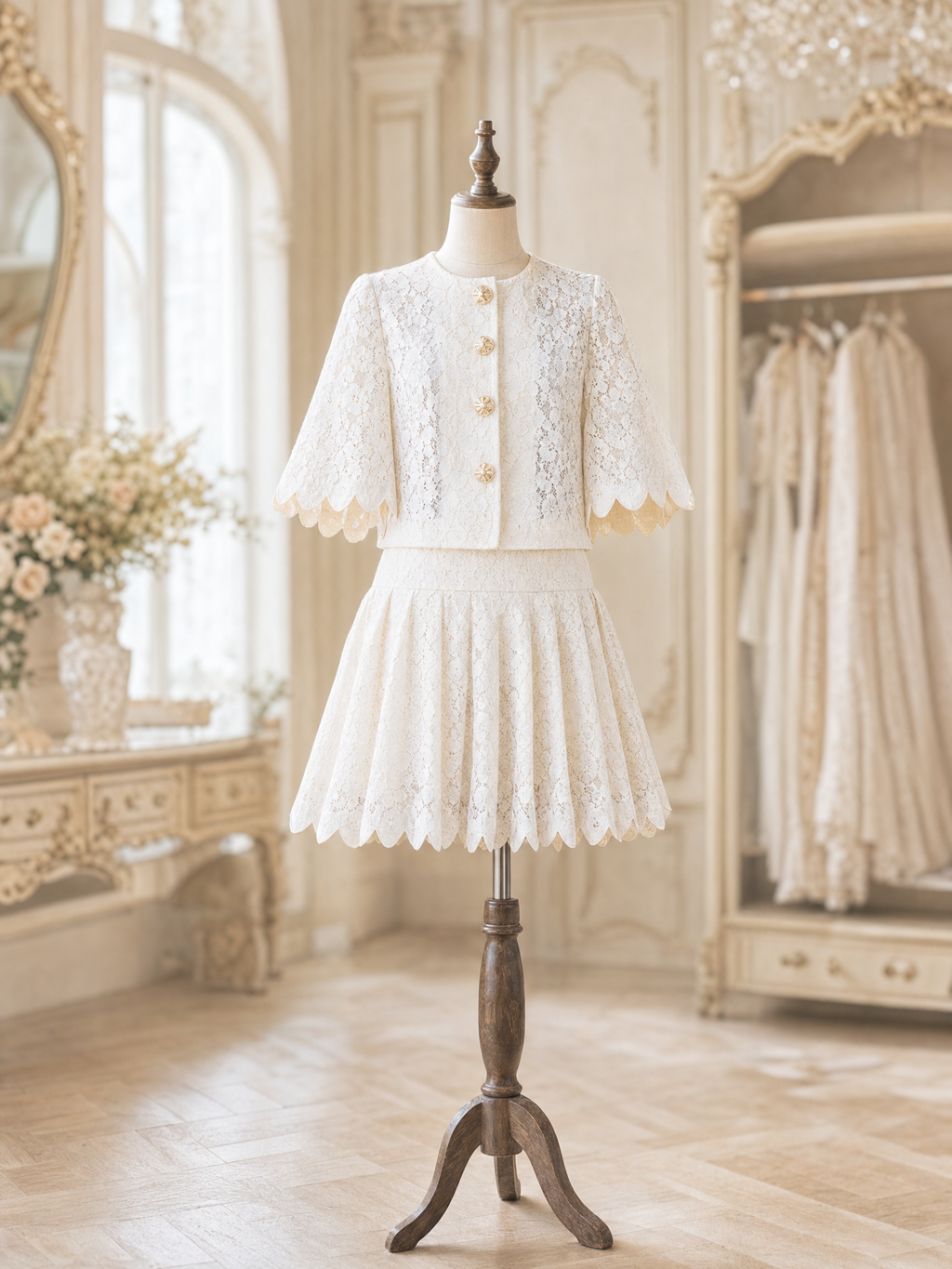 Vintage Chanel-Style Round Neck Lace Flared Sleeve Skirt Sets
