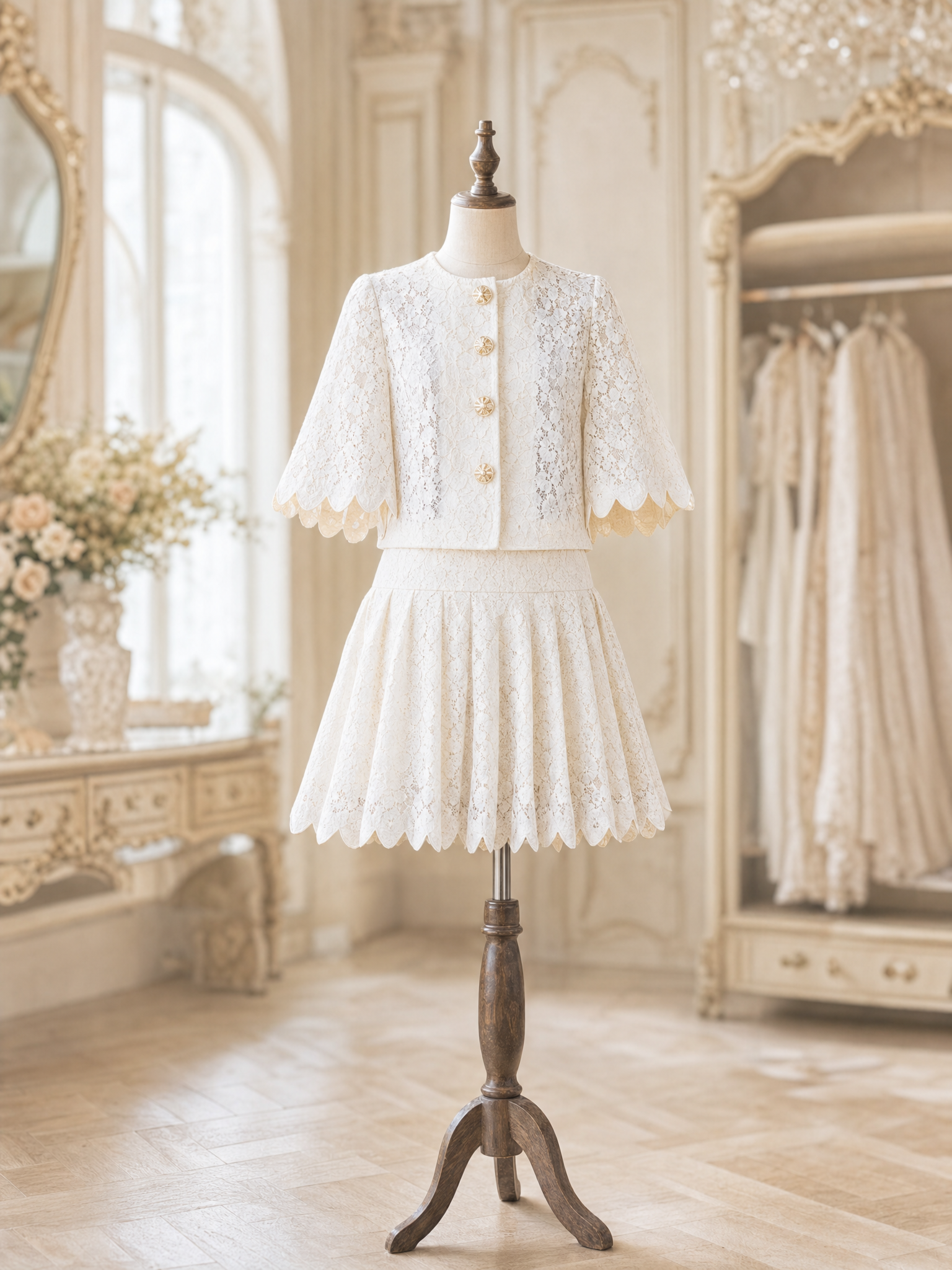 Vintage Chanel-Style Round Neck Lace Flared Sleeve Skirt Sets