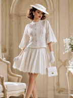 Vintage Chanel-Style Round Neck Lace Flared Sleeve Skirt Sets