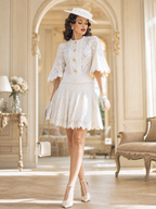Vintage Chanel-Style Round Neck Lace Flared Sleeve Skirt Sets