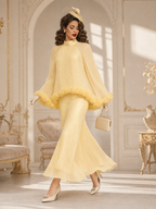 Vintage Stand Collar Flared Sleeve Ruffled Trim Pleated Mermaid Skirt Sets