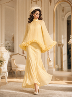 Vintage Stand Collar Flared Sleeve Ruffled Trim Pleated Mermaid Skirt Sets