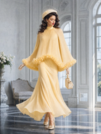Vintage Stand Collar Flared Sleeve Ruffled Trim Pleated Mermaid Skirt Sets