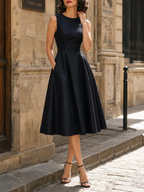 Retro Audrey-Style Black Sleeveless A-Line Swing Midi Dress