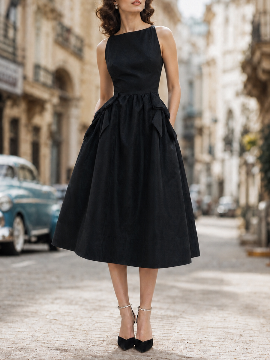 Retro Audrey-Style Black Pleated Full-Skirt Party Dress