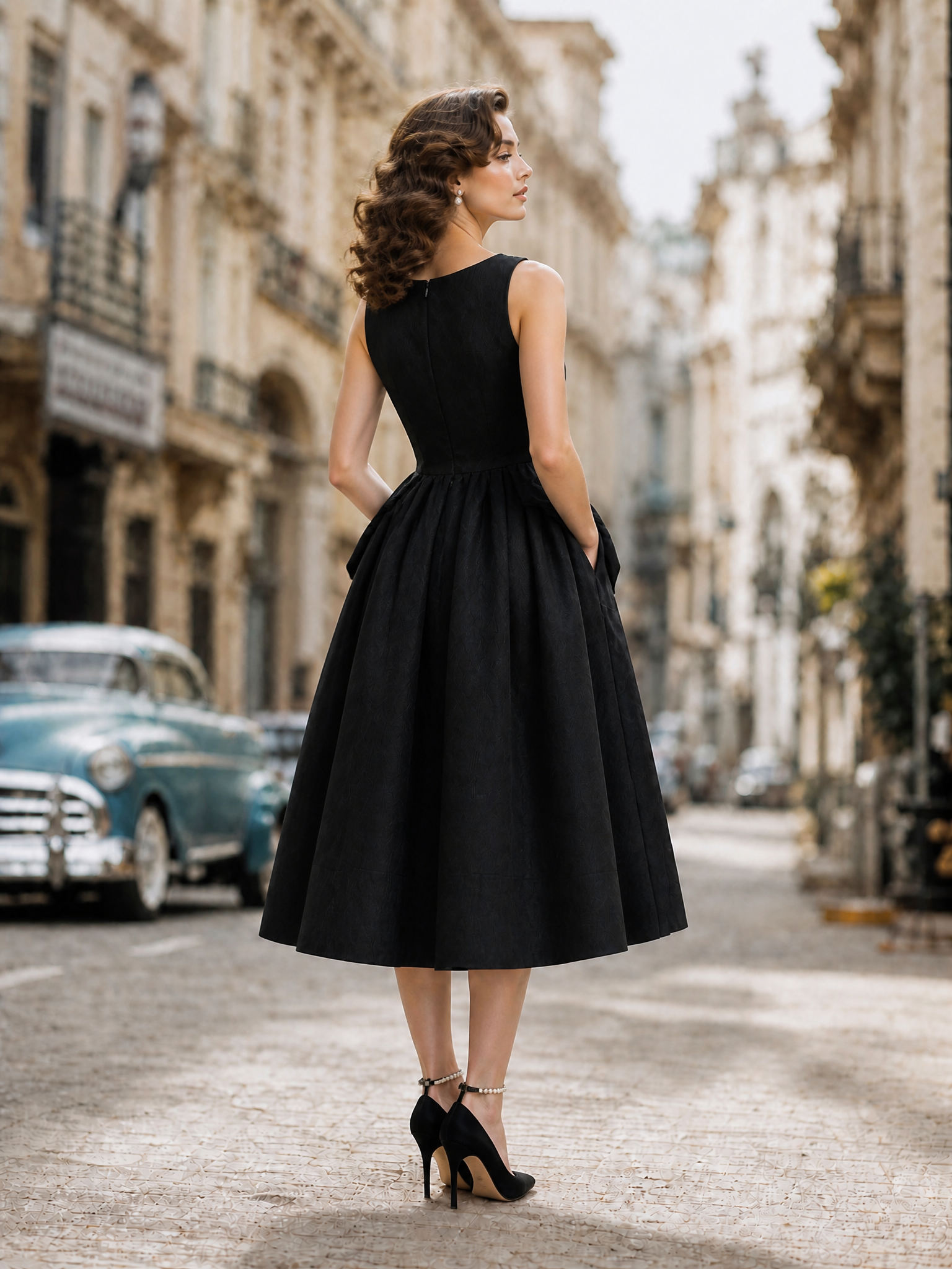 Retro Audrey-Style Black Pleated Full-Skirt Party Dress