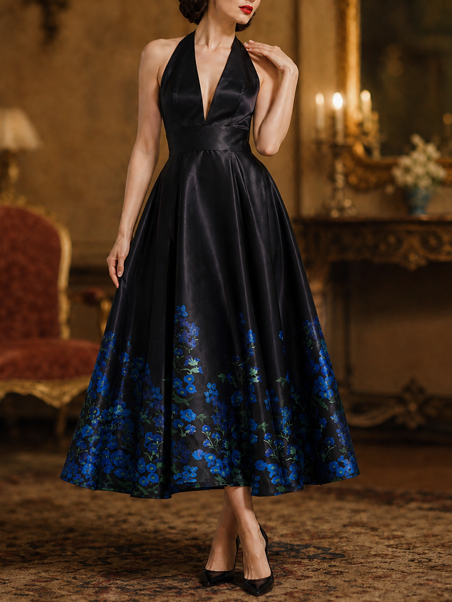 Black Floral-Hem Halter Deep V-Neck Midi Dress