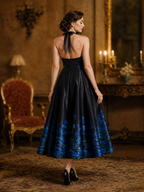 Black Floral-Hem Halter Deep V-Neck Midi Dress