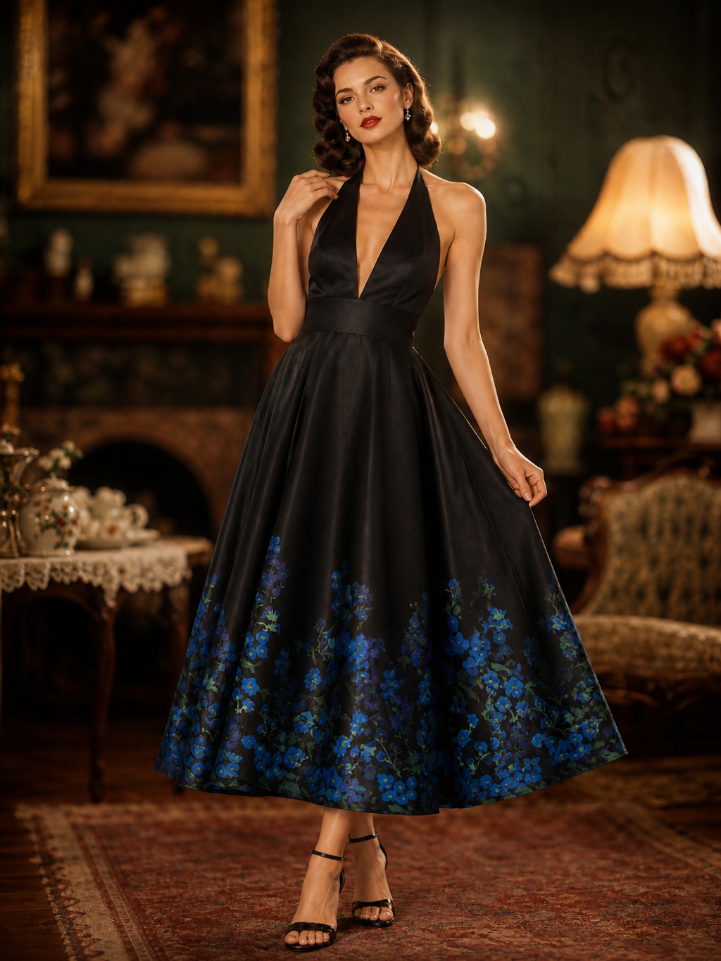 Black Floral-Hem Halter Deep V-Neck Midi Dress
