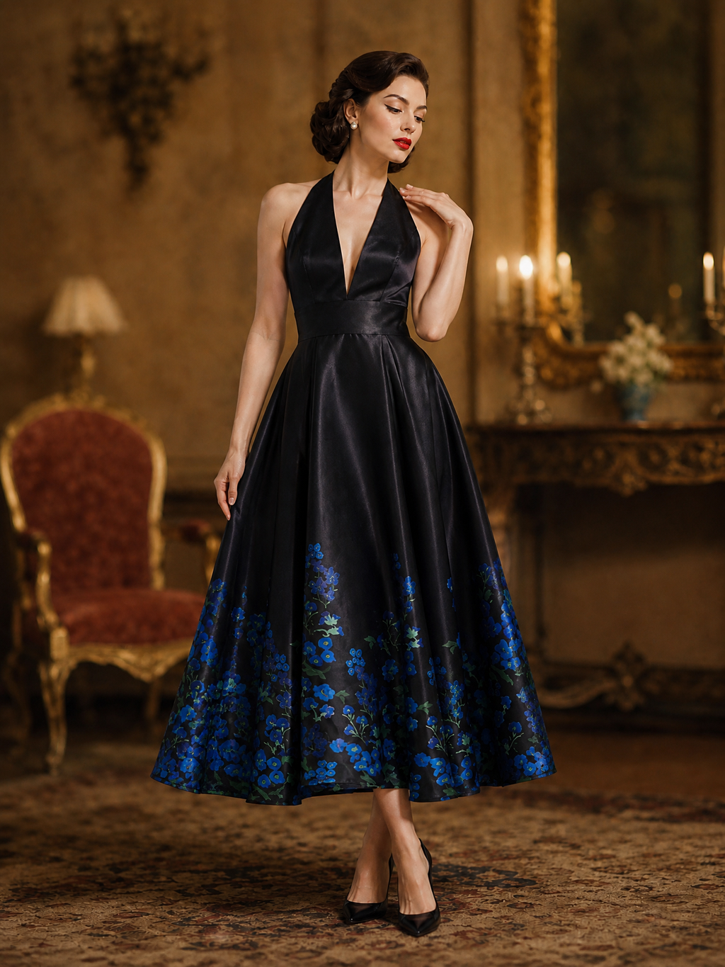 Black Floral-Hem Halter Deep V-Neck Midi Dress