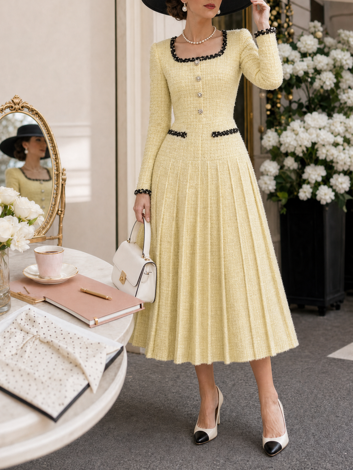 Vintage Thick-Woven Colorblock Webbing Pleated Belted Midi Dress