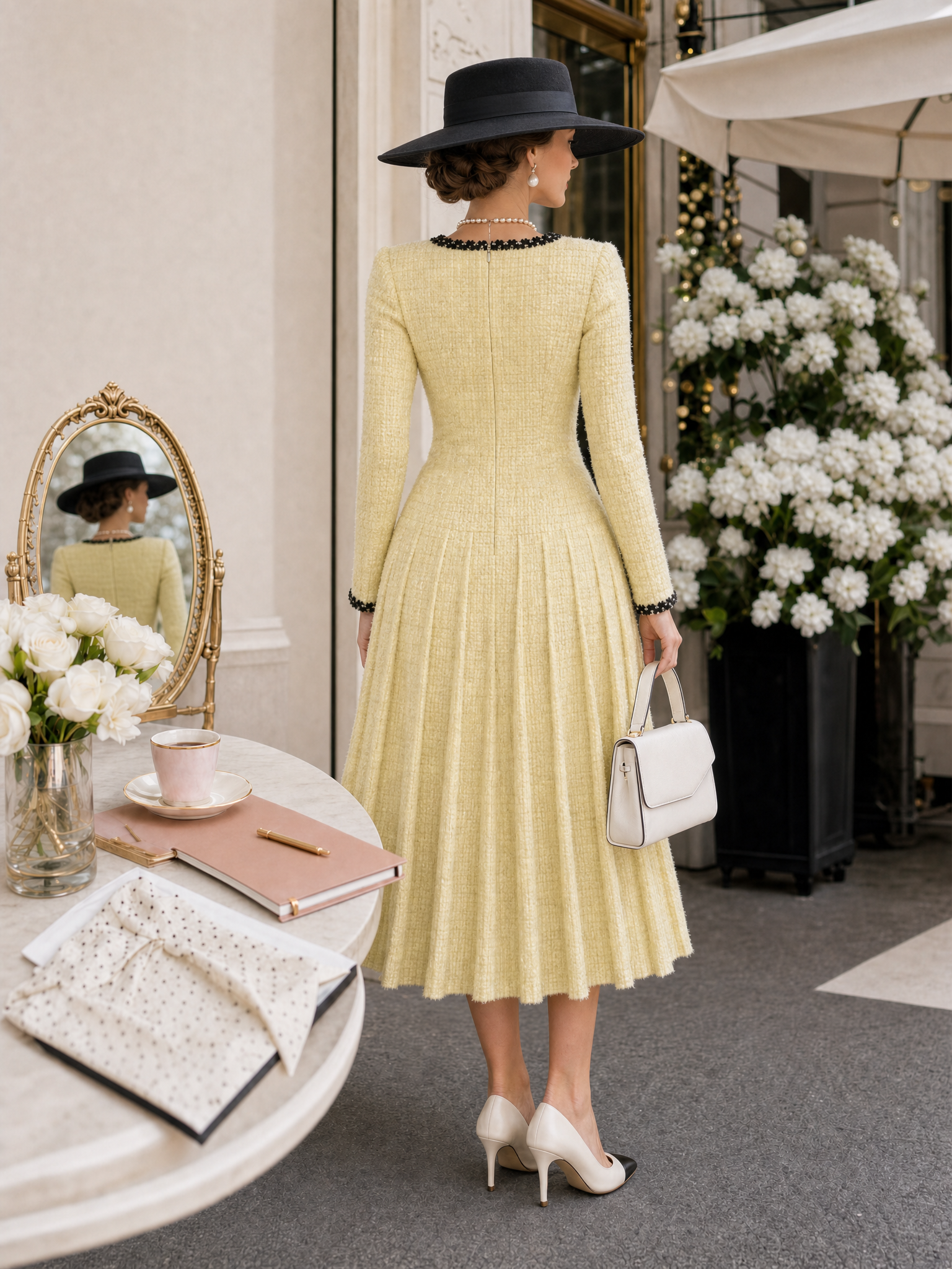Vintage Thick-Woven Colorblock Webbing Pleated Belted Midi Dress
