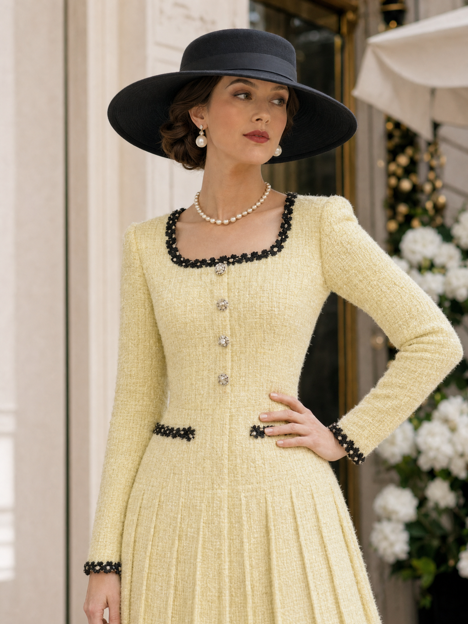 Vintage Thick-Woven Colorblock Webbing Pleated Belted Midi Dress