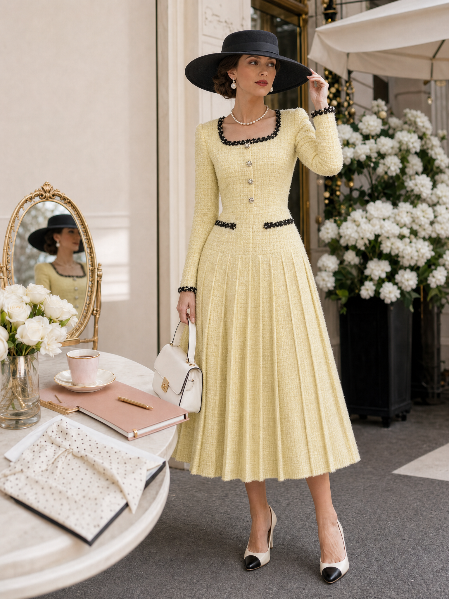 Vintage Thick-Woven Colorblock Webbing Pleated Belted Midi Dress