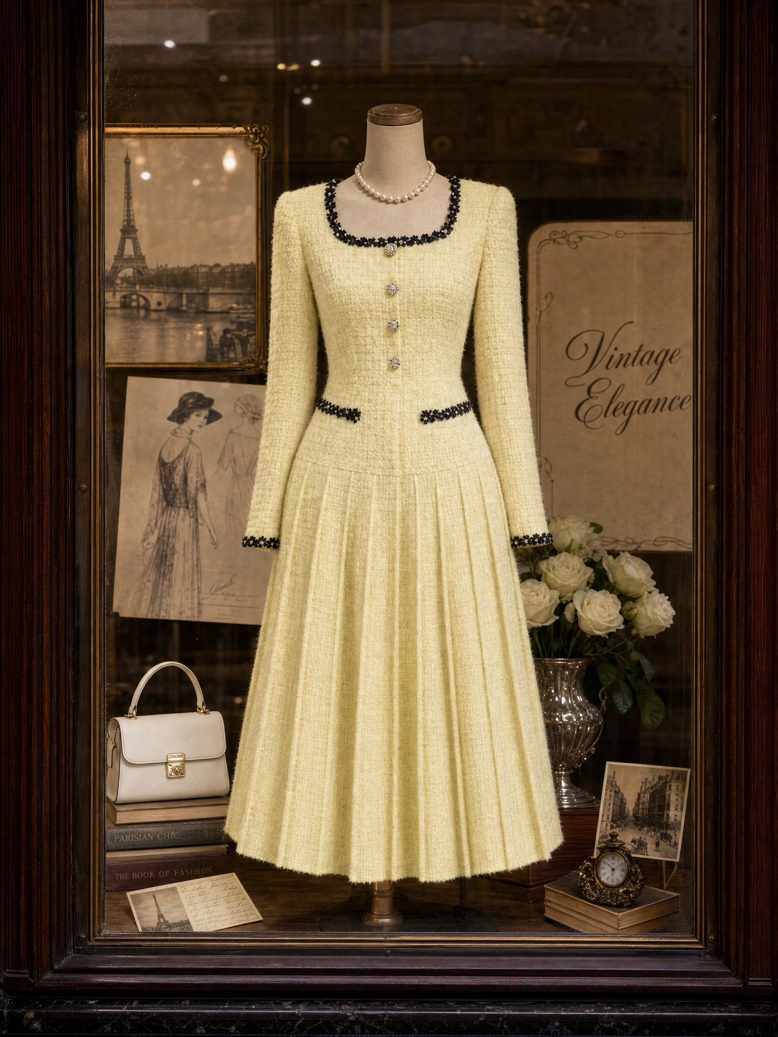 Vintage Thick-Woven Colorblock Webbing Pleated Belted Midi Dress