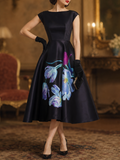 Elegant Watercolor Floral-Print Cocktail Midi Party Dress