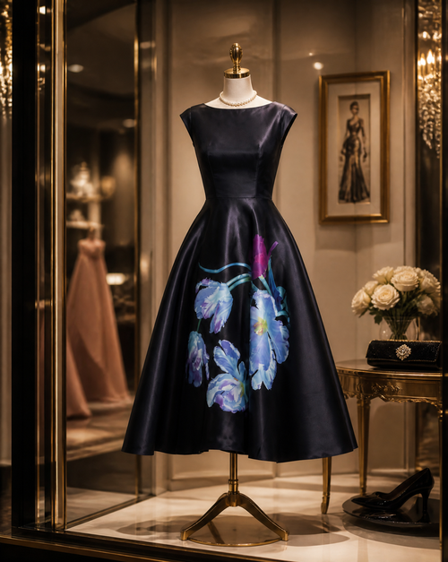 Elegant Watercolor Floral-Print Cocktail Midi Party Dress