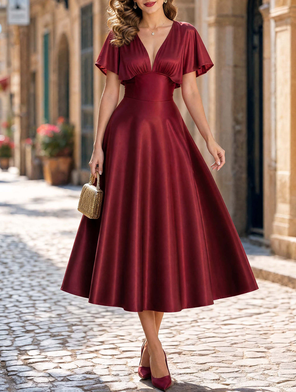 Vintage Burgundy Satin Swing Midi Formal Dress