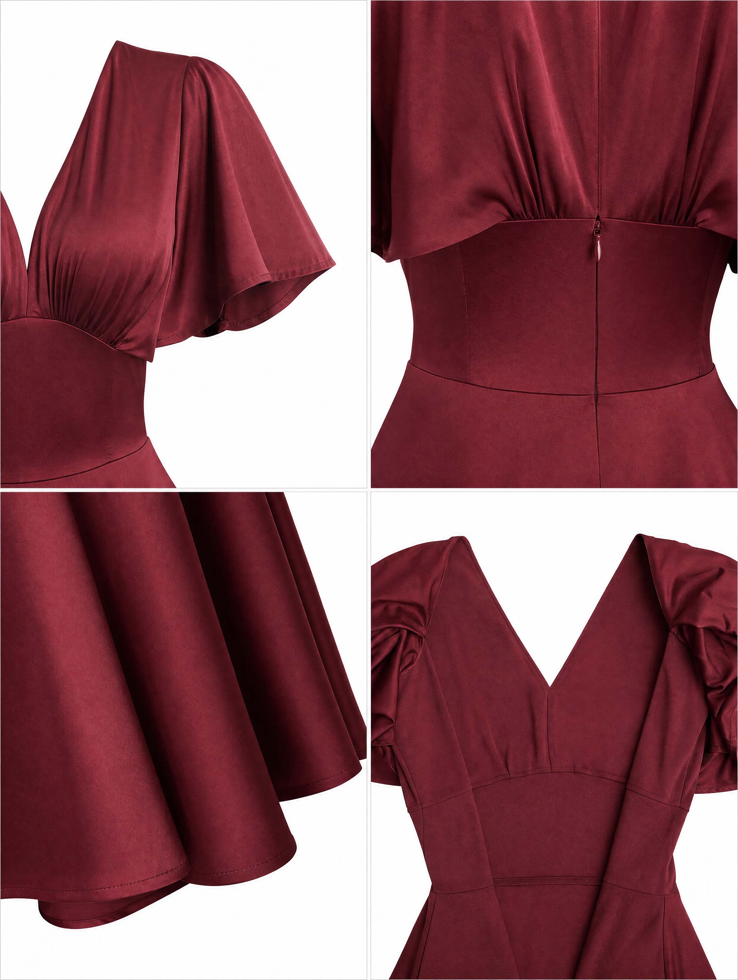 Vintage Burgundy Satin Swing Midi Formal Dress