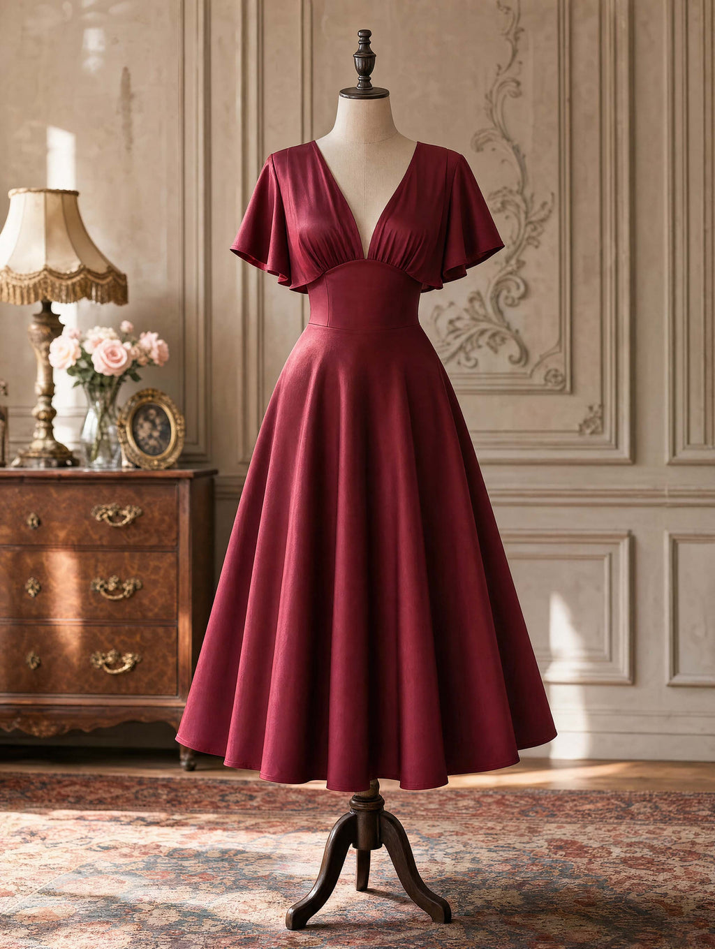 Vintage Burgundy Satin Swing Midi Formal Dress