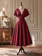 Vintage Burgundy Satin Swing Midi Formal Dress