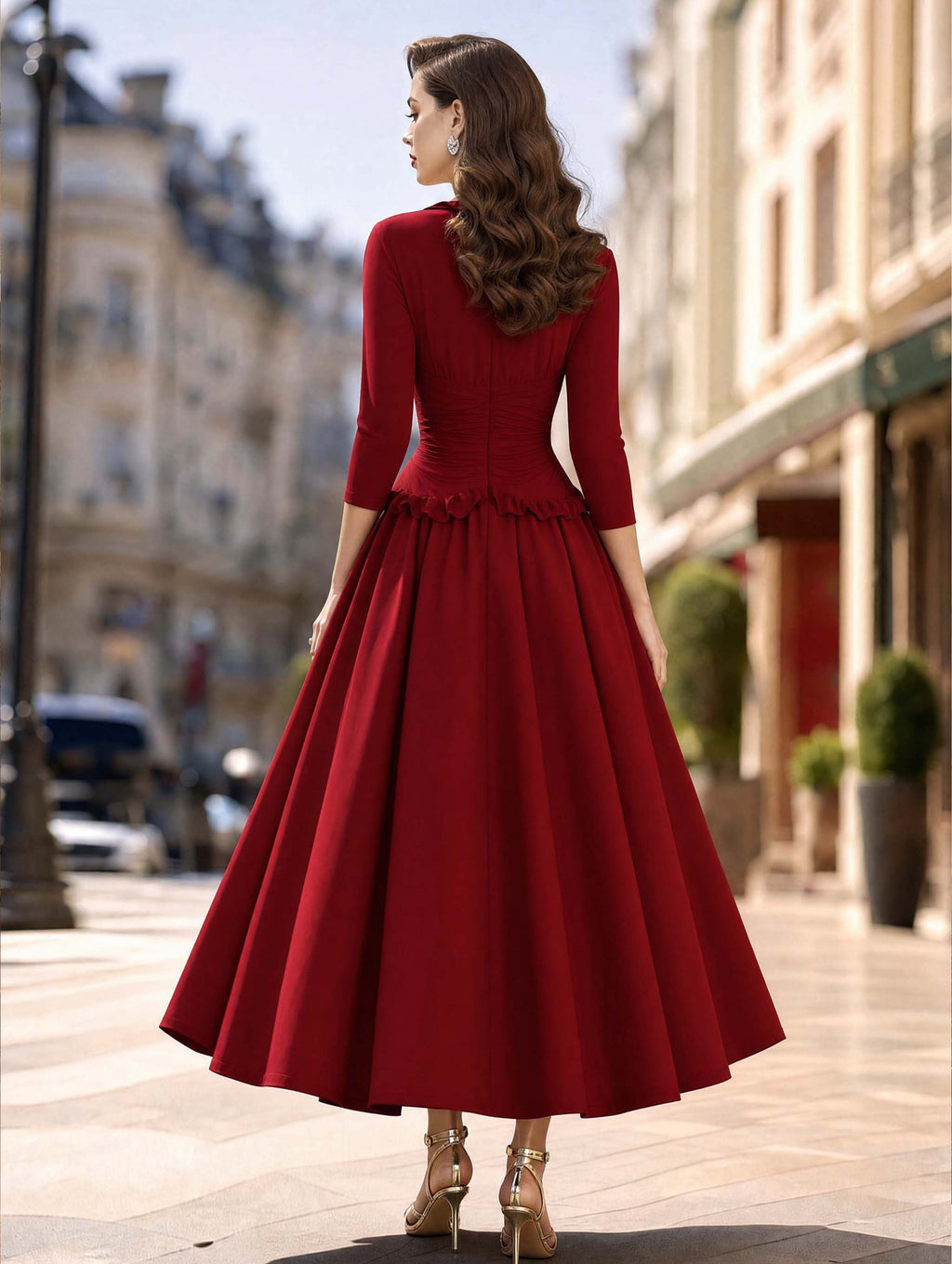 Vintage Wine Red Waist-Cinched Midi Swing Dress