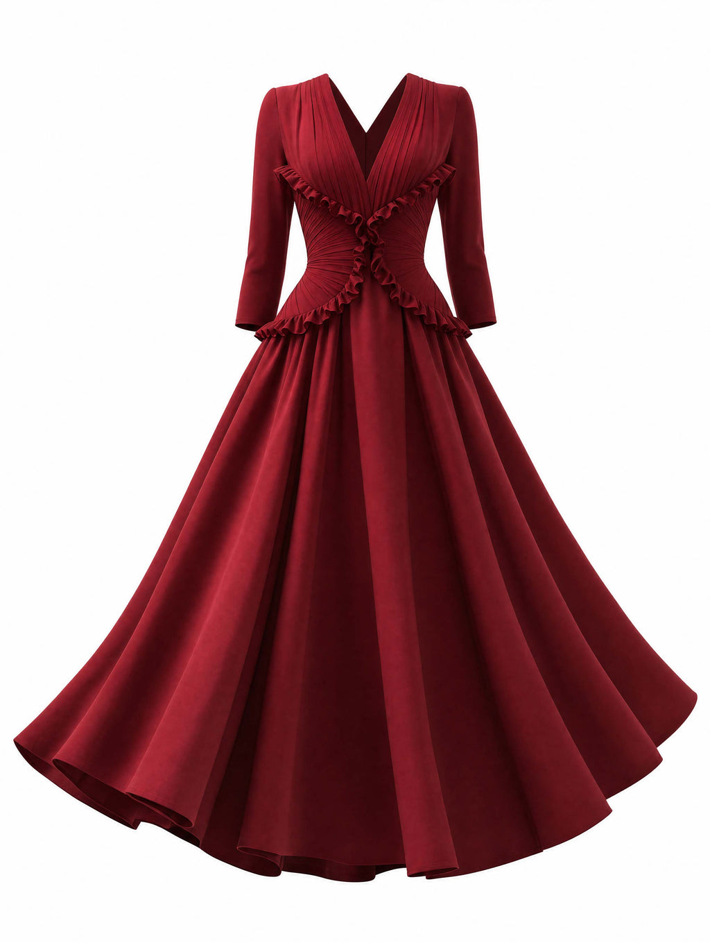 Vintage Wine Red Waist-Cinched Midi Swing Dress