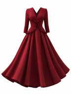 Vintage Wine Red Waist-Cinched Midi Swing Dress