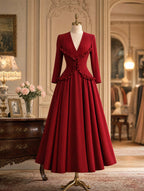 Vintage Wine Red Waist-Cinched Midi Swing Dress