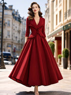 Vintage Wine Red Waist-Cinched Midi Swing Dress