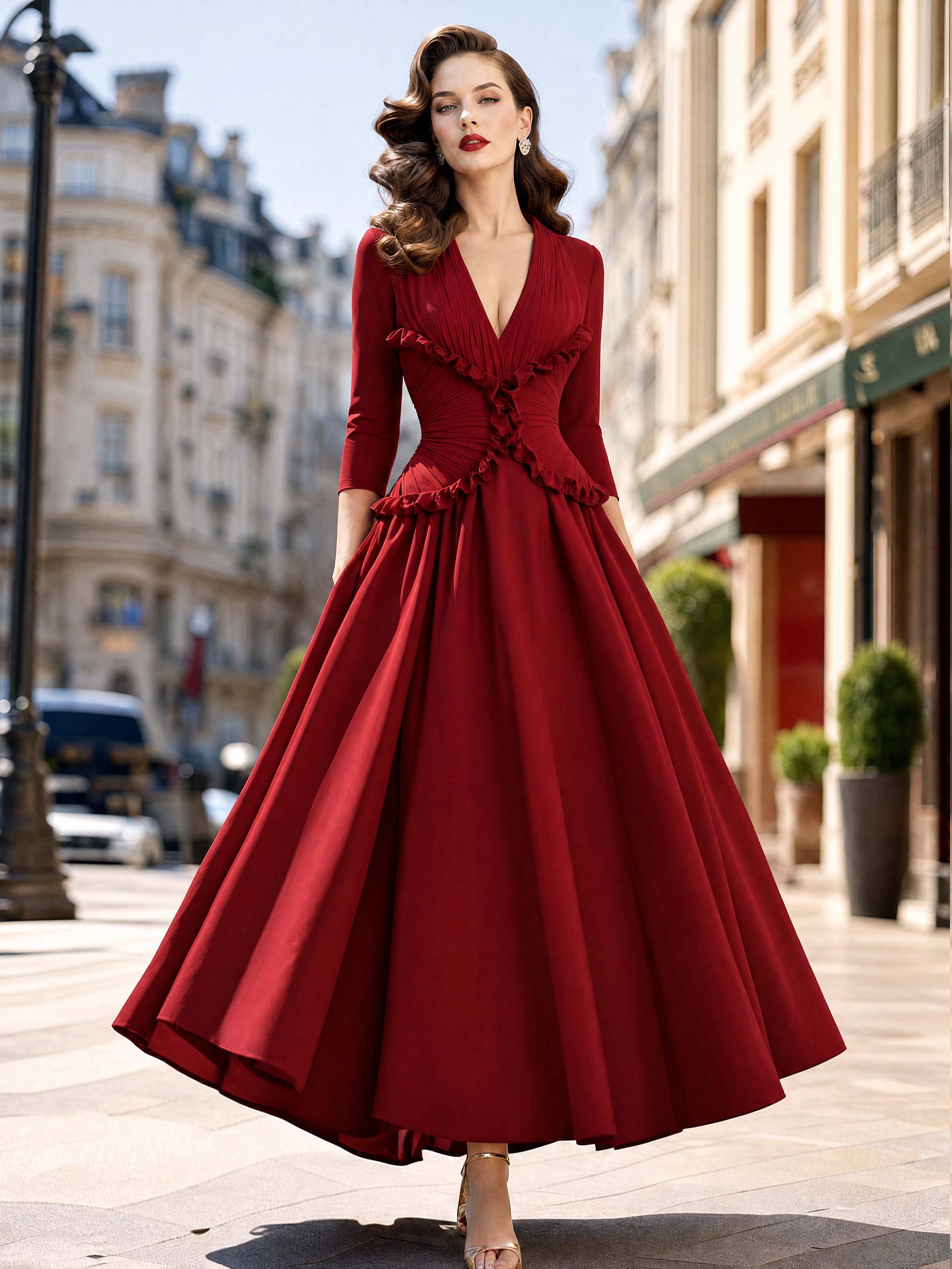 Vintage Wine Red Waist-Cinched Midi Swing Dress