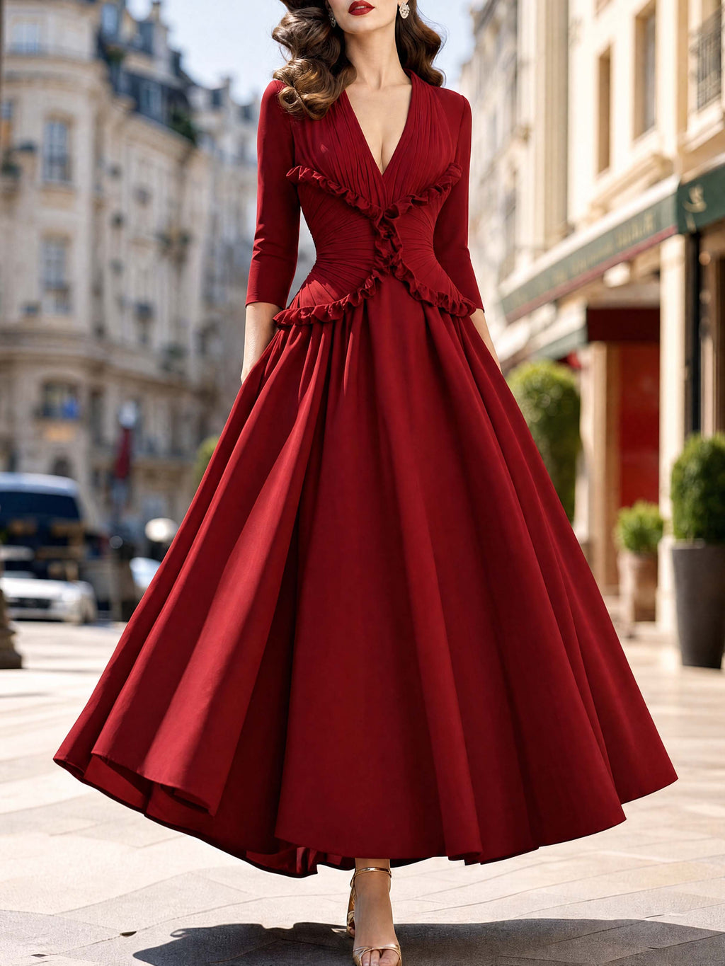 Vintage Wine Red Waist-Cinched Midi Swing Dress