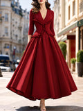 Vintage Wine Red Waist-Cinched Midi Swing Dress