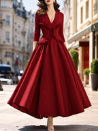 Vintage Wine Red Waist-Cinched Midi Swing Dress