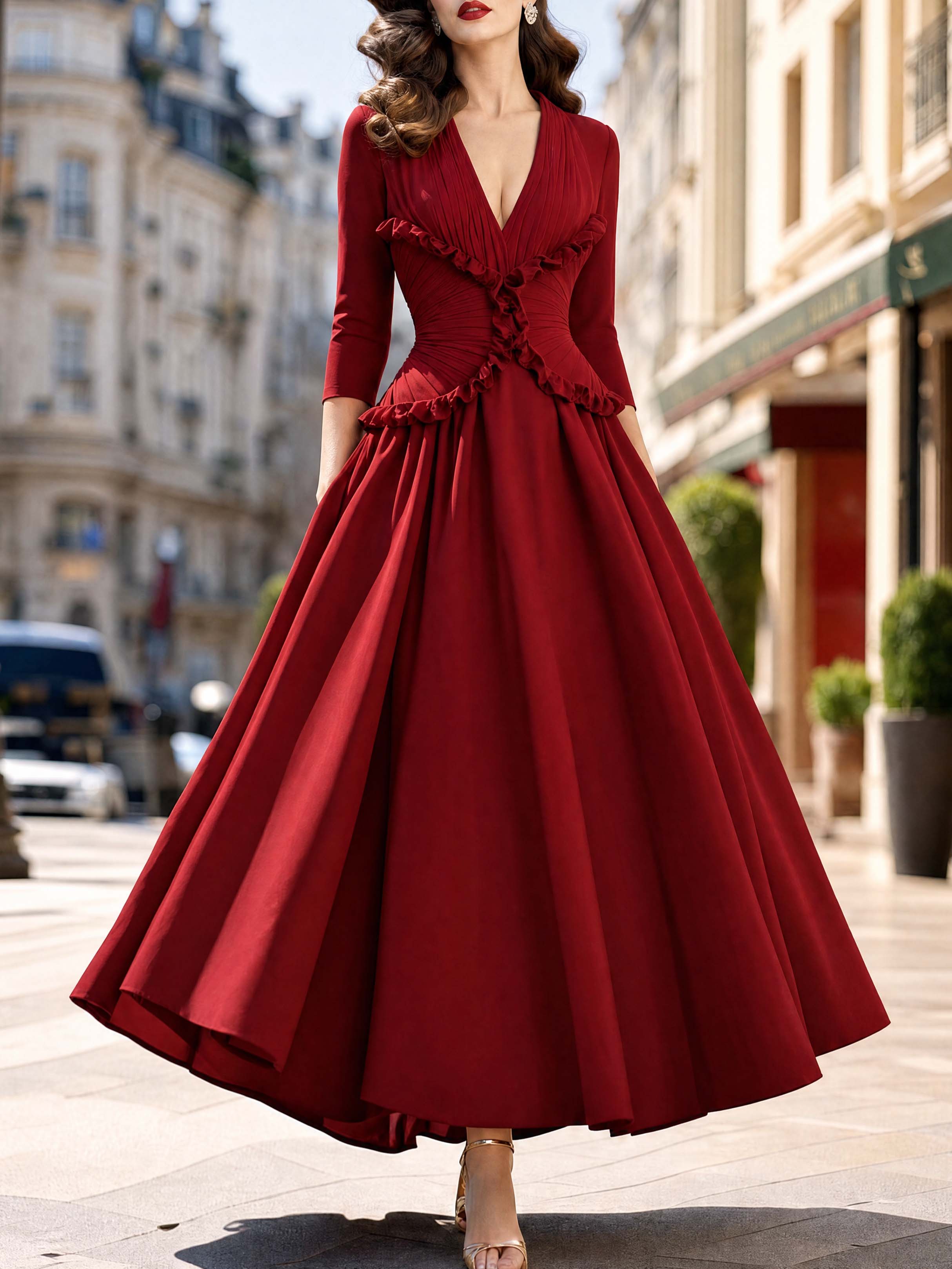 Vintage Wine Red Waist-Cinched Midi Swing Dress