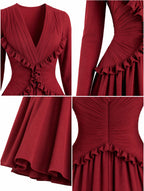 Vintage Wine Red Waist-Cinched Midi Swing Dress