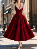 Vintage Burgundy Ruffle Bow Swing Midi Dress