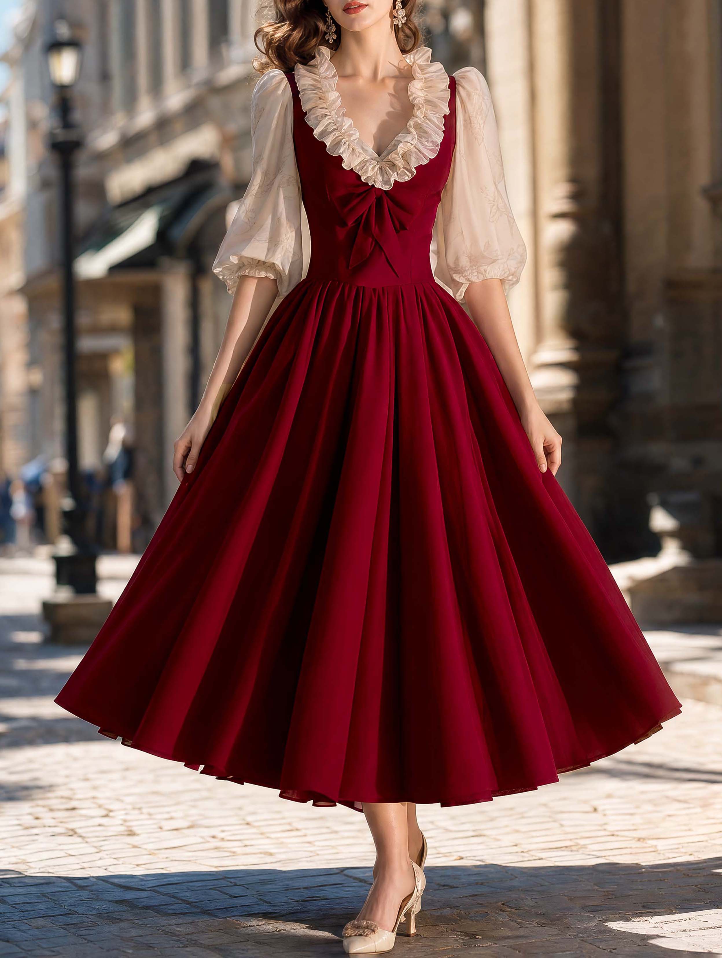 Vintage Burgundy Ruffle Bow Swing Midi Dress