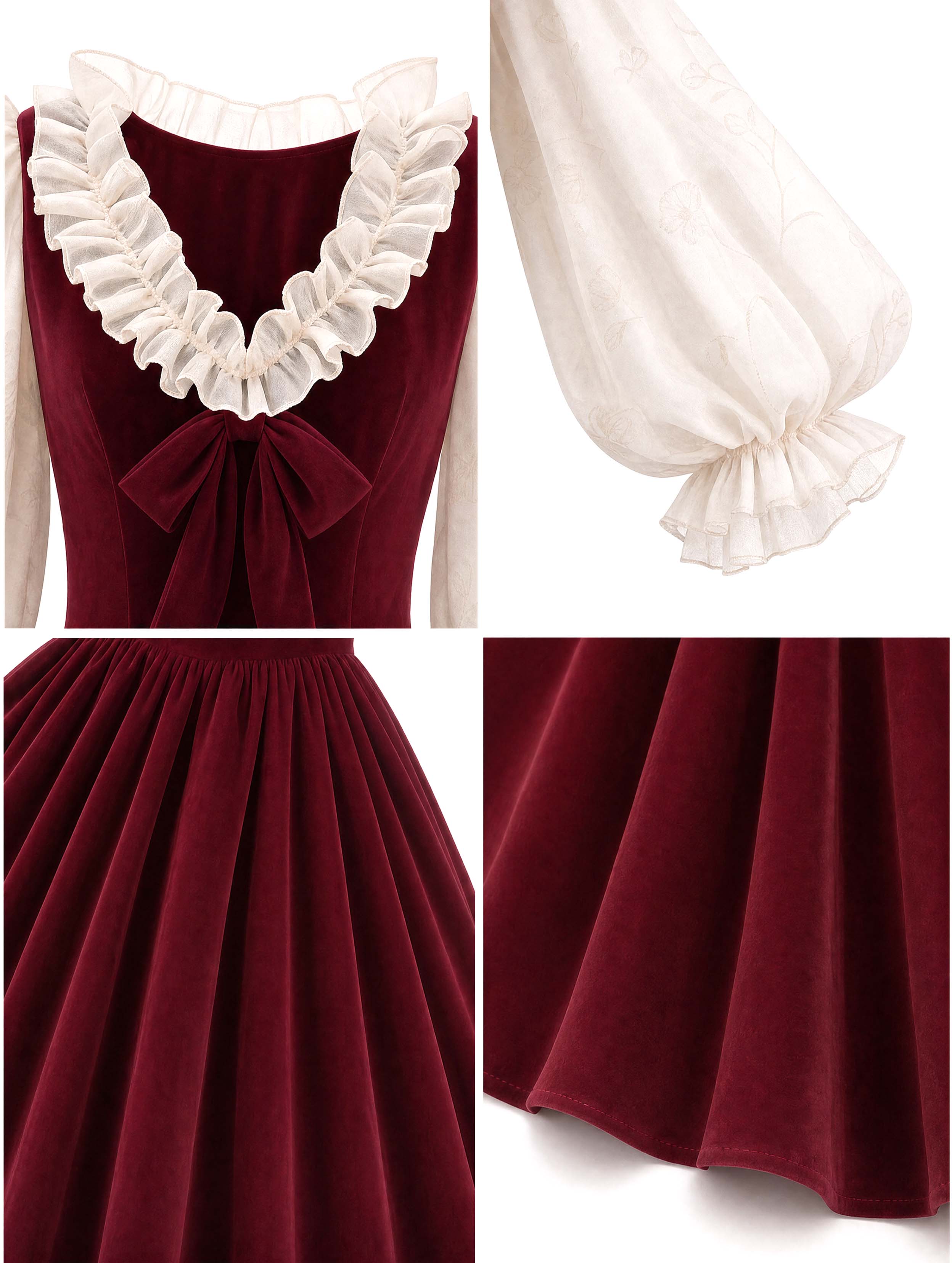 Vintage Burgundy Ruffle Bow Swing Midi Dress