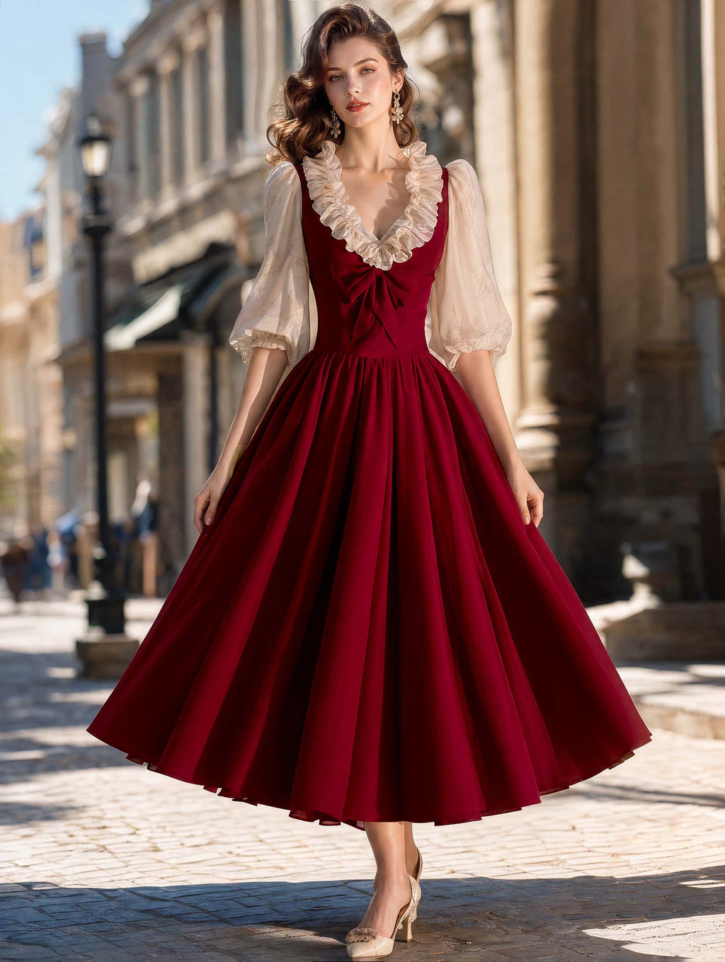 Vintage Burgundy Ruffle Bow Swing Midi Dress