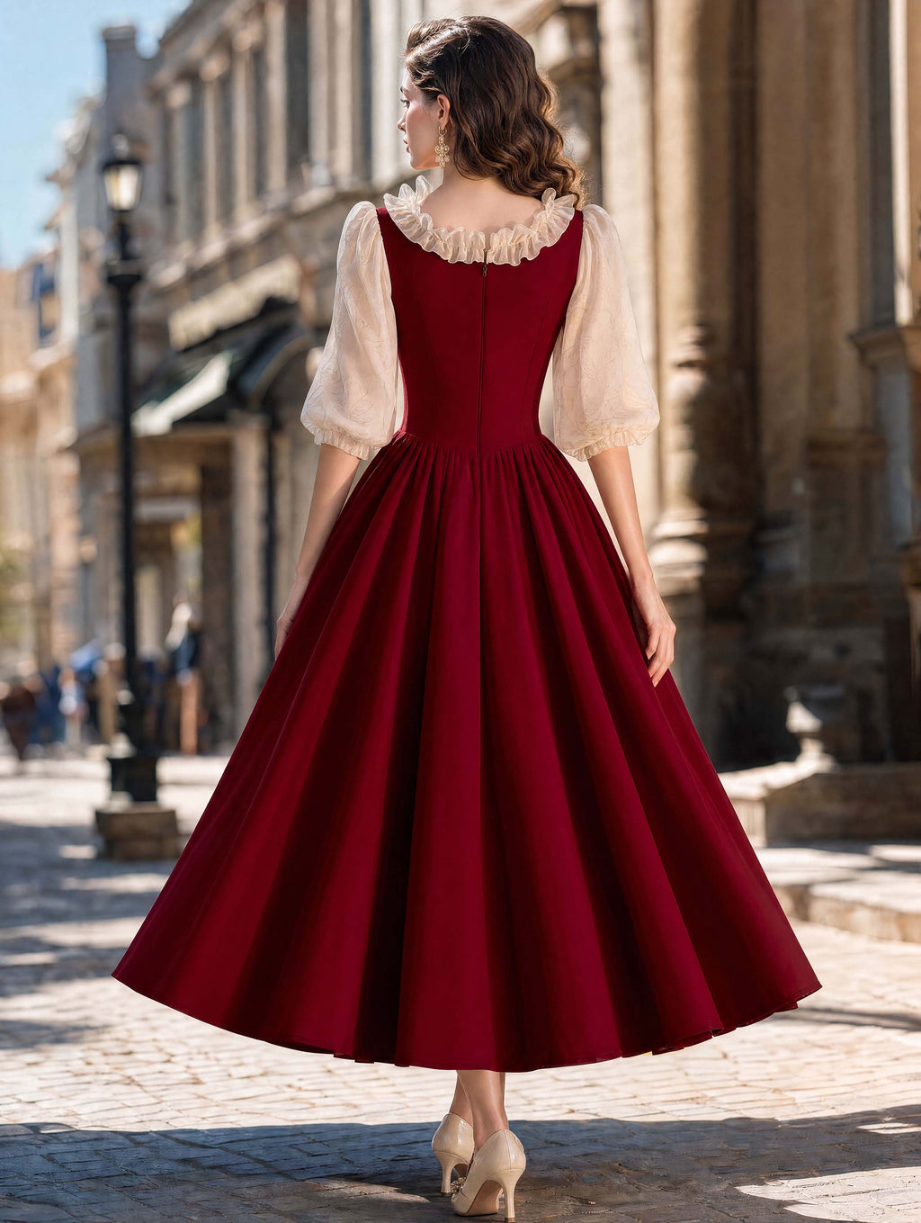 Vintage Burgundy Ruffle Bow Swing Midi Dress