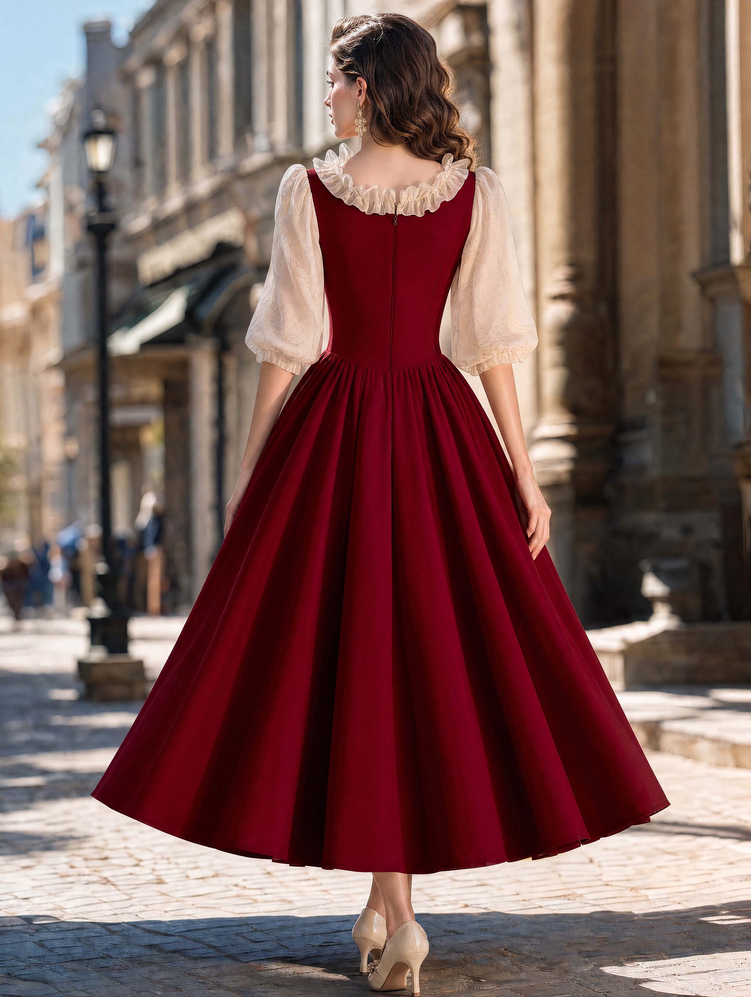 Vintage Burgundy Ruffle Bow Swing Midi Dress